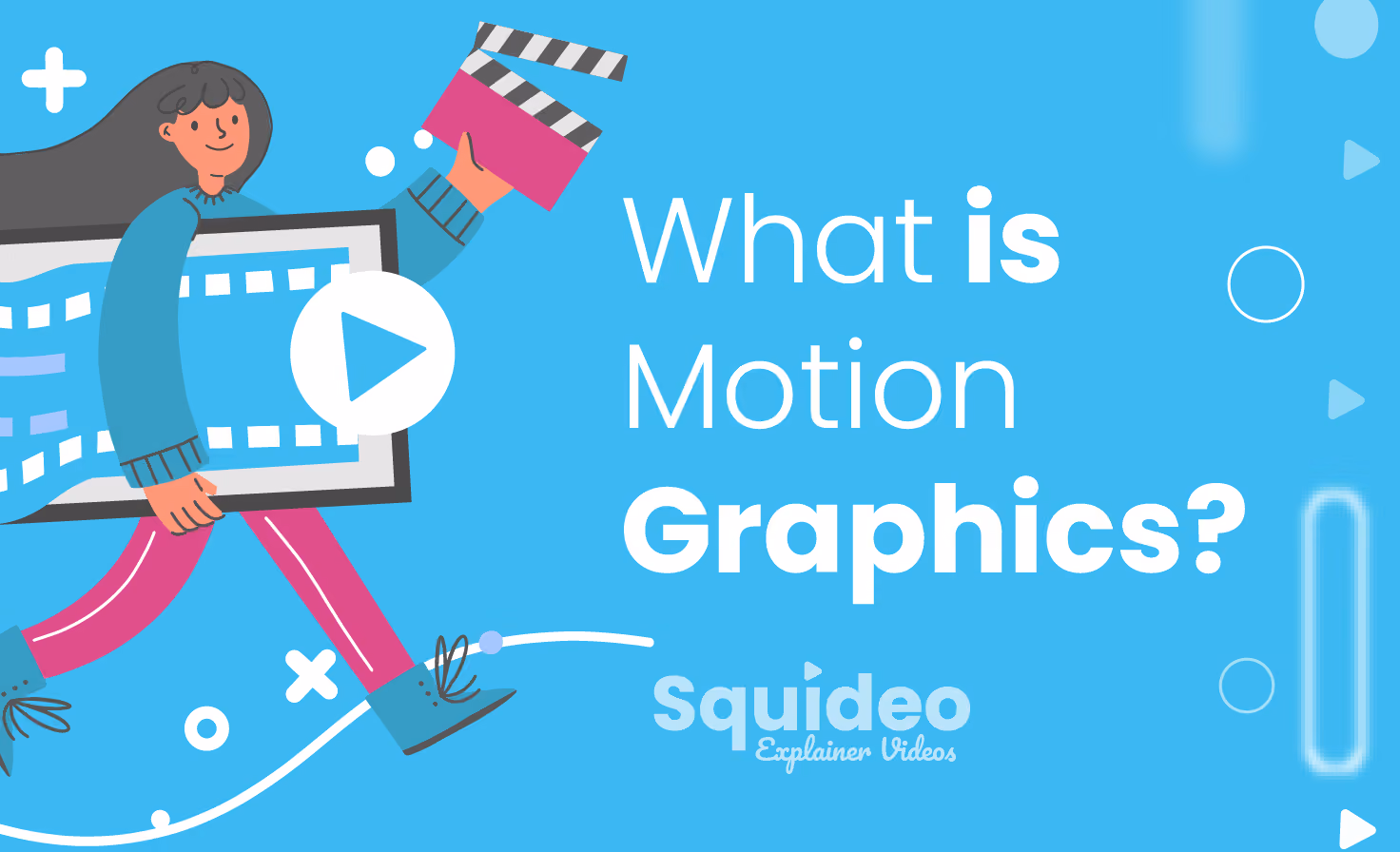 Cover card reading What is Motion Graphics?, with an illustration of a woman carrying a filmstrip and a clapperboard